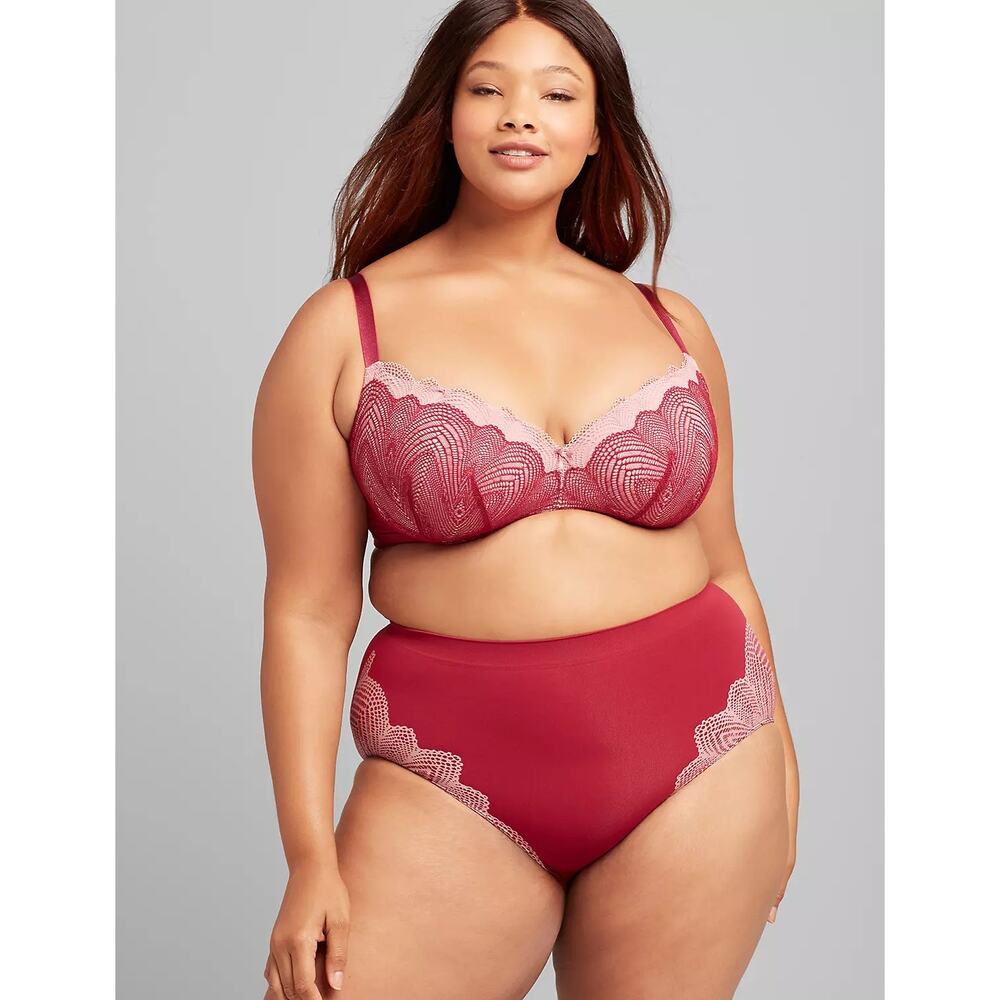 CACIQUE Smooth Lightly Lined Balconette Bra Red Pink Lace Size 46DDD Underwire‎